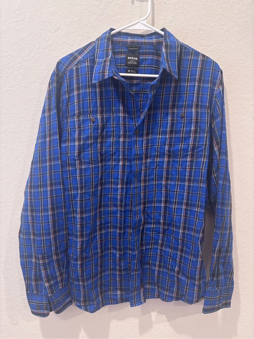 prAna Dolberg Flannel Shirt Men M Blue Plaid Organic Cotton Hiking Outdoor